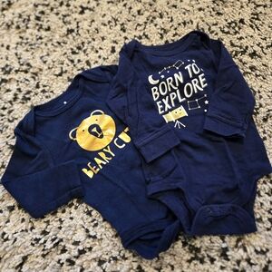Pair of Long Sleeve, Navy Blue Baby Onesies with Bear and Space Designs